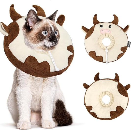 Adjustable Cat Collar Soft to Stop Licking After Surgery for Kitten, Alternative to Cone of Shame, Donut Cone for Cats, Pet Elizabethan Collar (Cow, Medium)-PawvioPets