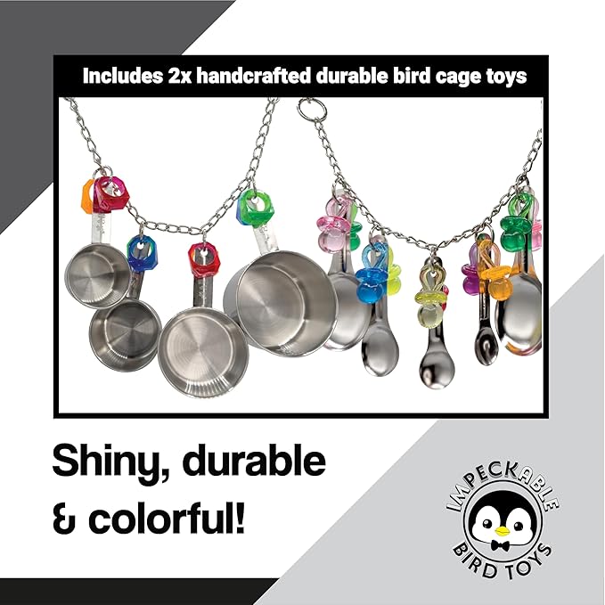 1970 Pk2 Pot and Spoon Delight Features Shiny pots and Spoons with Acrylic Rings and Pacifiers, Handcrafted for African Greys Amazons Macaws-PawvioPets