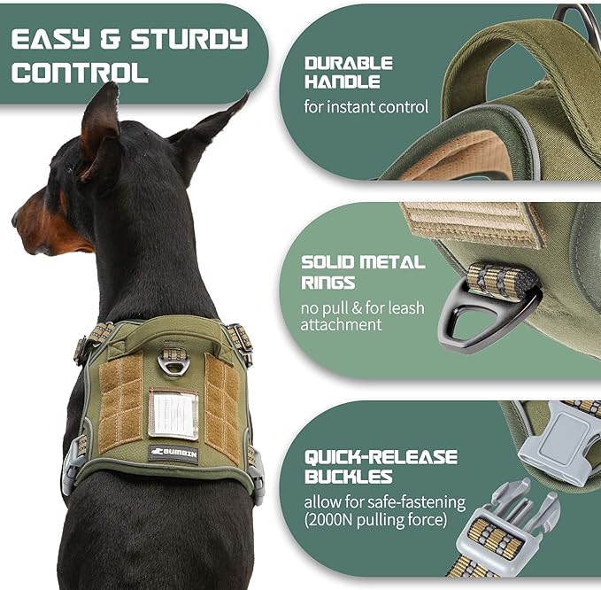 BUMBIN Tactical Dog Harness for Large Dogs, No Pull, Reflective, Green, L(Neck:19-25", Chest:21-35")-PawvioPets