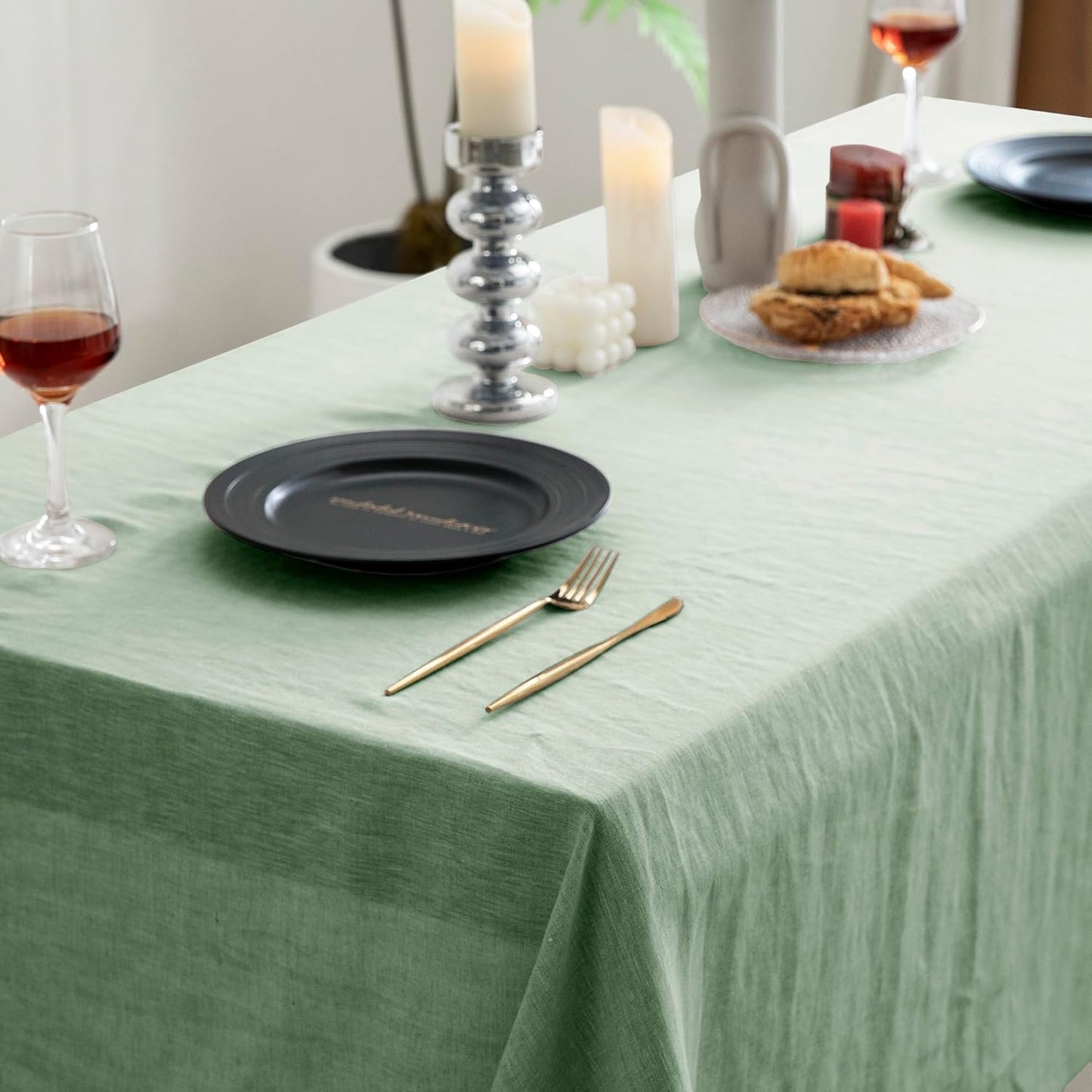 EVERLY Linen Rectangle Tablecloths 60x84 Inches for Dining Room Kitchen Buffet Parties Picnic Events Weddings and Restaurants, Decorative Halloween Thanksgiving Machine Washable Tablecloths-SaGa Green