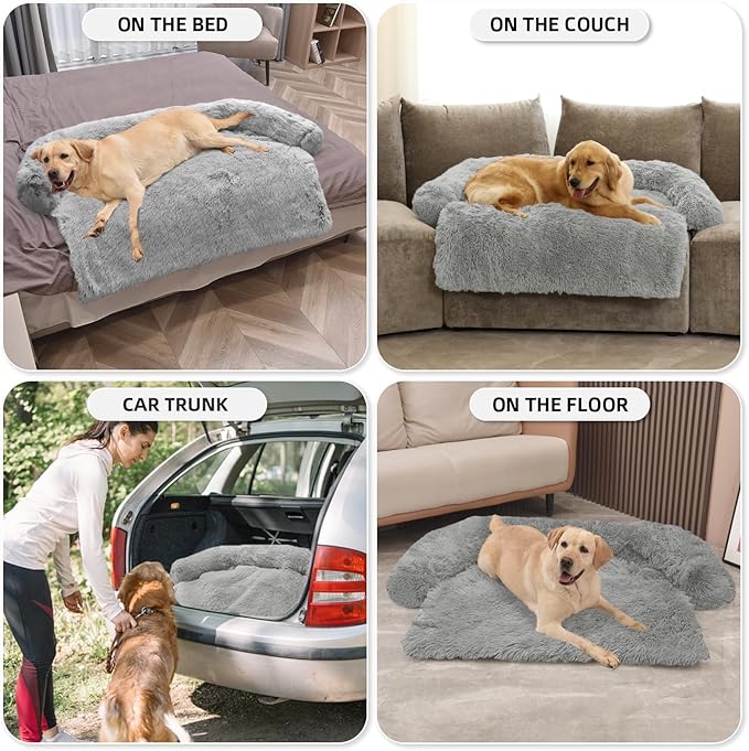 GGIB Calming Dog Bed Fluffy Plush Dog Mat for Furniture Protector with Removable Washable Cover for Large Medium Small Dogs and Cats (Extra Large (53x39.3x6), Grey)-PawvioPets