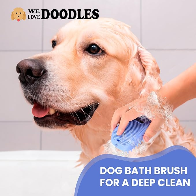 Bath Brush for Pet Grooming & Massage - Rubber Scrubbing Brush for Showers, Ideal for Long & Short Haired Dogs and Cats, Essential Puppy Accessory, Long Pins [We Love Doodles]-PawvioPets