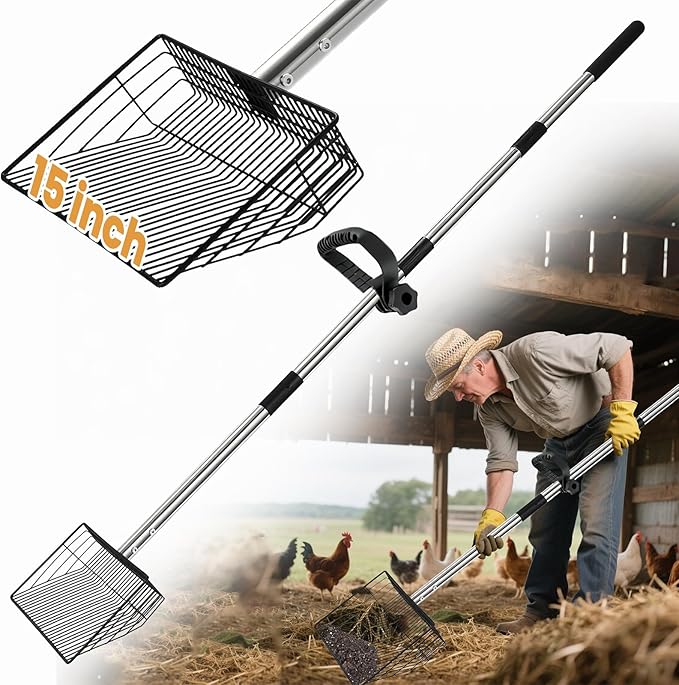 15" Chicken Poop Scooper & Rake, Metal Chicken Coop Scoop for Poop with 24 to 68" Adjustable Stainless Steel Handle, Litter Scooper Sifting Shovel Chicken Coop Accessories-PawvioPets