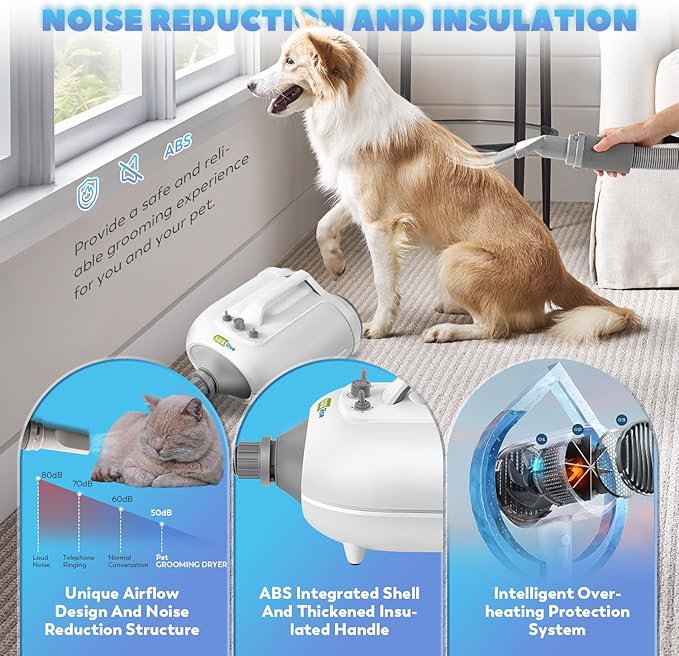 Dog Dryer for Pet Grooming Professional, 6HP/3500W High Velocity Blow Dryer for Dogs, Dual Motor Pet Dryer, Adjustable Temperature 95-125℉ & Airflow 0-90 M/S, 2.5-7.5 FT Hose with 4 Nozzles-PawvioPets