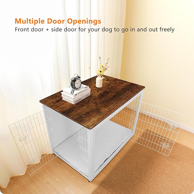 DWANTON Dog Crate Furniture with Cushion, Wooden Kennel Table with Double Doors, Indoor Dog House, Extra Large Size, 43.3" L, White+Rustic Brown-PawvioPets