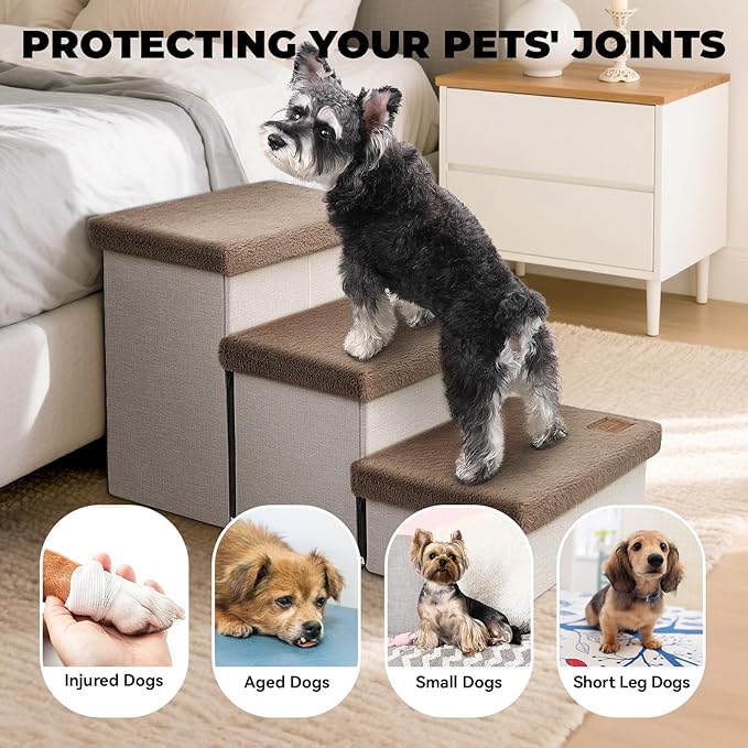 Dog Stairs with Furry Lids 18" H, 3-Step Wider Dog Steps with Storage for Small/Medium/Large Old Dogs Cats, Folding Sturdy Pet Stairs Climbing Bed Couch, Ramp for Car Up to 200 lbs, Khaki-PawvioPets
