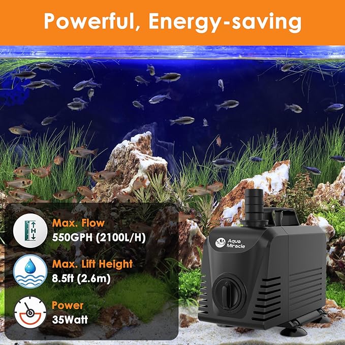 AquaMiracle Submersible Water Pump Aquarium Water Pump with Flow Control, Pond Pump Fountain Pump for Pond, Fountain, Waterfall, Statuary, Water feature, Hydroponics (550GPH, 35W)-PawvioPets