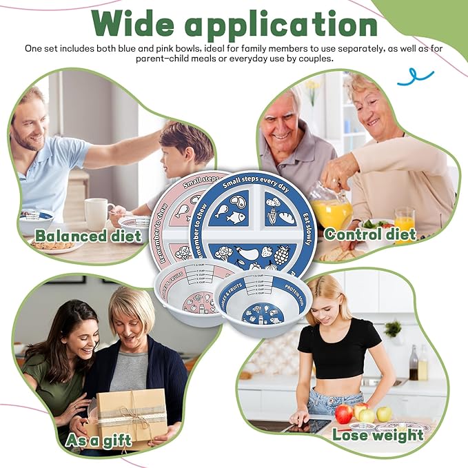 4 Pcs Portion Control Plates & Bowls Set (2 Plates + 2 Bowls, 9 Inch) - Self-Measuring for Weight Loss, Gastric Bypass, LapBand, Diabetes & Healthy Diets, Pink & Blue, for Adults & Children-PawvioPets