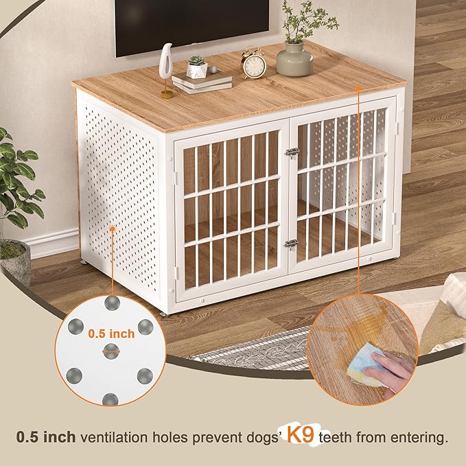 48" Heavy Duty Dog Crate Furniture for Large Dogs, Metal Kennel for High Anxiety Dogs, White Wooden Cage Furniture Indoor, Decorative Dog Kennel End Table, XL-PawvioPets