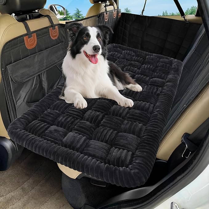 Dog Car Bed Mat, Non-Slip Backseat Extender Pet Blanket, Plaid Dog Bed for SUVs, Sedans & Trucks, Chew-Resistant Travel Pad for Dogs, Easy Clean & Scratch-Proof & Comfort (50"x24.6") Black-PawvioPets