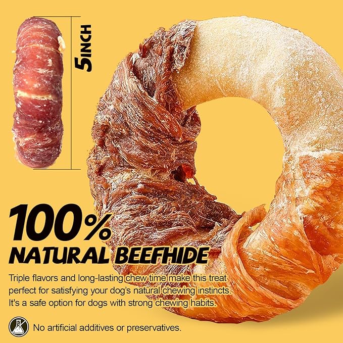 ASMPET Dog Treats Chews, Chicken & Duck Wrapped Rawhide Donuts Dental Care Chews for Small Medium Large Breed Aggressive Chewers (Pack of 4)-PawvioPets