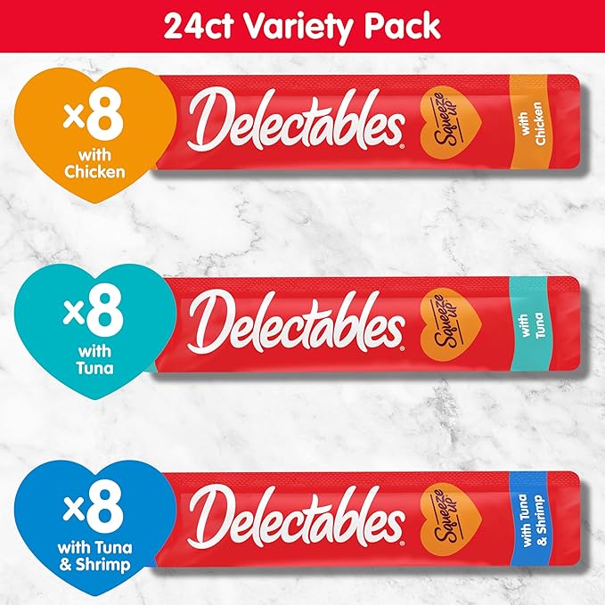 Delectables Squeeze Up Variety Pack, Creamy Squeezable Puree, Lickable Wet Cat Treats, Grain Free, No Added Fillers, No By-Products, No Added Preservatives, 0.5 Ounces Tube, 24 Tubes Total-PawvioPets