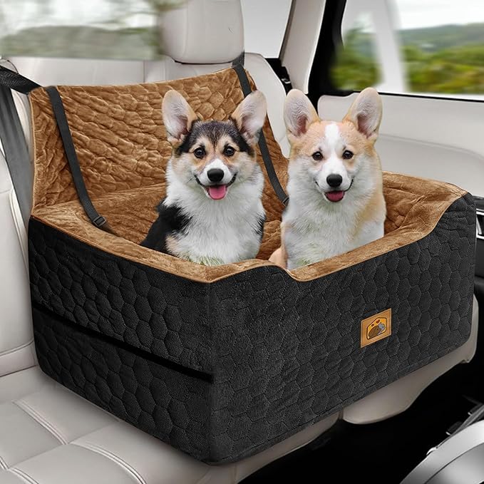Dog Car Seat for Small/Medium Dogs, Memory Foam Dog Booster Seat, Travel Safety Per Car Seat with Washable Removable Cover, Storage Pockets for Dogs up to 35 lbs(BlackBrown)-PawvioPets