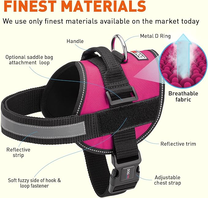 Dogline Dog Harness, Reflective No-Pull Adjustable Vest with Handle for Walking, Training, Breathable, No - Choke Harness for Small, Medium or Large Dogs Room for Patches Girth 33"-46" in Pink-PawvioPets