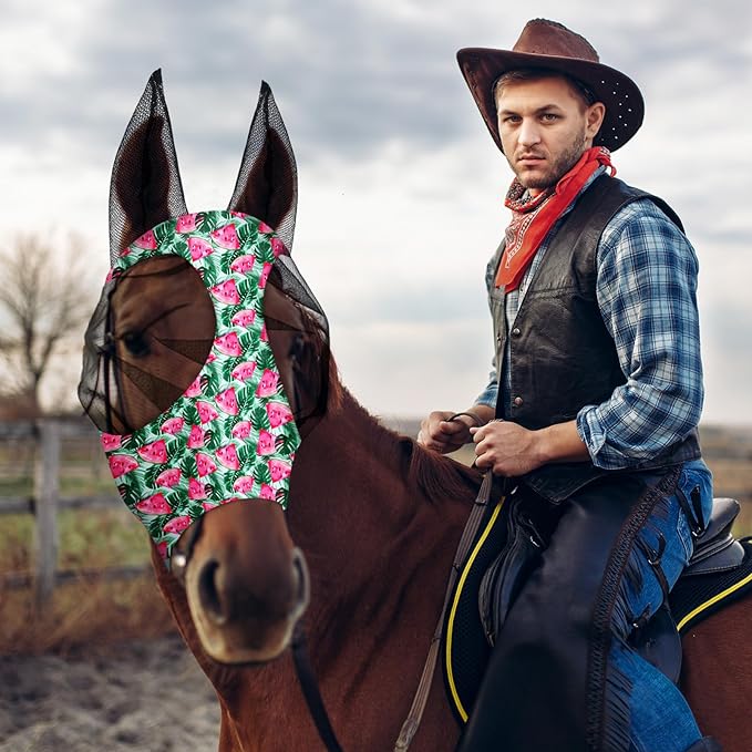 Frienda 4 Pieces Horse Fly Masks with Ears Face Covering UV Protection from Insect Pests Elasticity Smooth Comfortable Mesh Horse Mask Accessories(Fruit,Large)-PawvioPets