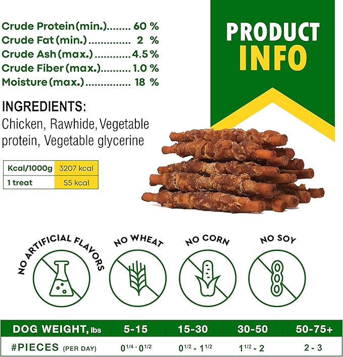 Dog Treats Rawhide Sticks Wrapped with Chicken 11 oz Pet Natural Chew Treats - Grain Free Meat & Human Grade Dried Snacks - Best for Small & Large Dogs (10.6 Ounce (Pack of 1), Smoked Chicken)-PawvioPets
