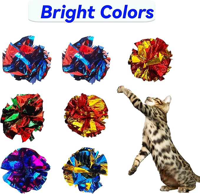 Cat Crinkle Ball Toys 10 Packs for Indoor Cats to Kill Time and Keep Fit, 2.3 Inch Colorful Mylar Crinkle Balls Attract Cats to Swat, Bite, Hunt, Interactive Toys for Cats and Kittens-PawvioPets