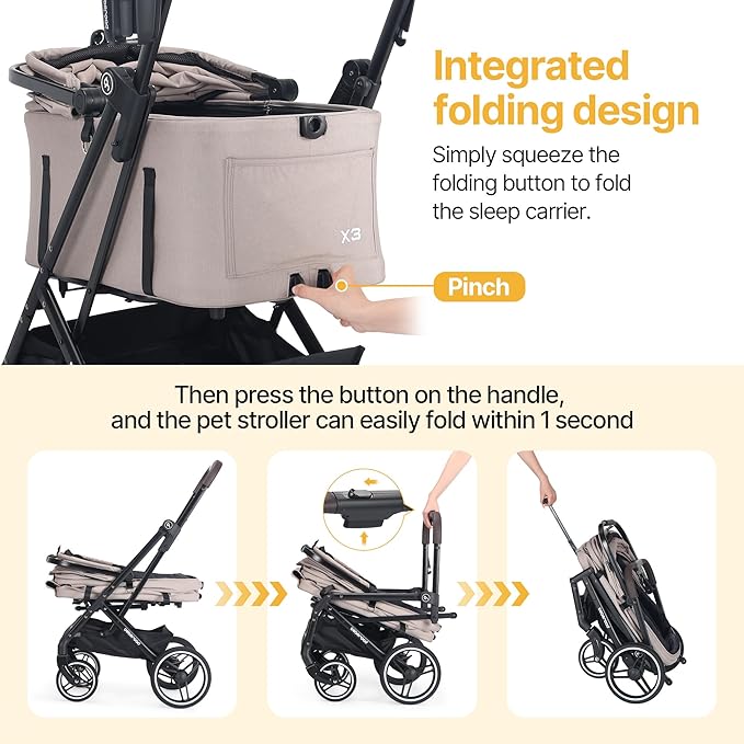 BEBEROAD X3 2 in 1 Pet Stroller for Medium or Two Small Dogs & Cats 4 Wheels Lightweight Foldable Carrier Dog Stroller with Waterproof Weather Cover Cup Holder,Storage Basket(Camel)-PawvioPets