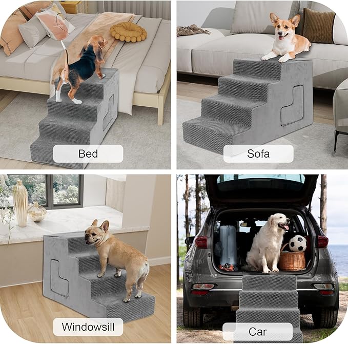 Dog Stairs for Small Dogs 27”H, 6-Step Dog Steps for High Bed, High-Density Foam Pet Stairs with Non-Slip Removable Washable Cover to Get on Bed-PawvioPets
