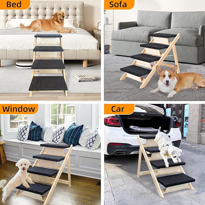 Dog Stairs/Ramp for Bed, Wooden Convertible Pet Steps, Portable Dog Ladder Up to 180 Pound for Elderly/Short-Legged Dogs, 4 Steps for Beds, Couch, Cars-PawvioPets