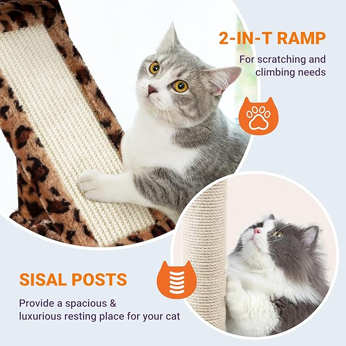 Allewie 81 Inches Tall Cat Tree/Multi-Level Large Climbing Tree House and Towers for Big Feline/Condo and Hammock/Scratching Post/Wide Base/Leopard Print-PawvioPets