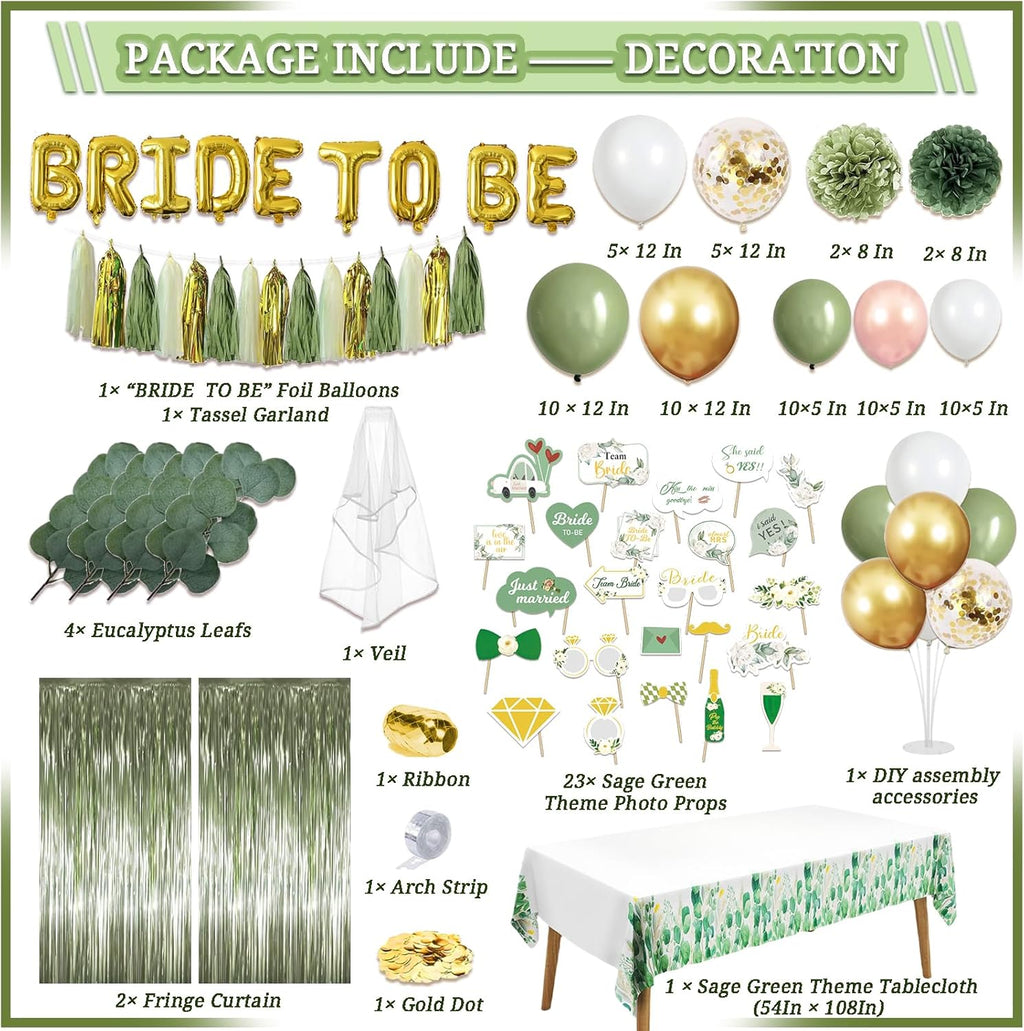 310 Pcs Sage Green Bridal Shower Decorations, Bachelorette Party Decorations Favors - "BRIDE TO BE" Banner, Veil, Balloon, Photo Props, Tableware with Eucalyptus Leaf for 25 Guests