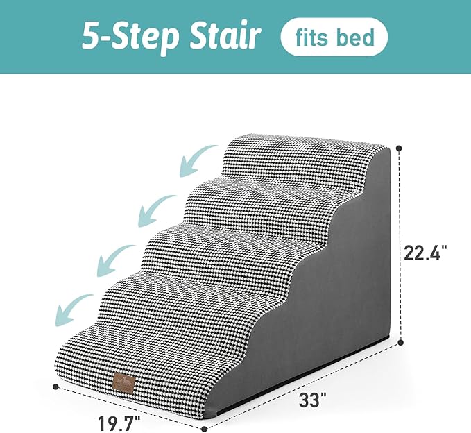 Extra Wide Dog Stairs 19.7" Width, Large Pet Step for Small Medium Dog, Puppy or Cat, Ramp for High Bed or Car, High Density Foam Ladder, Stable, 5 Step, 19.7x33x22.4 inch, White Black-PawvioPets
