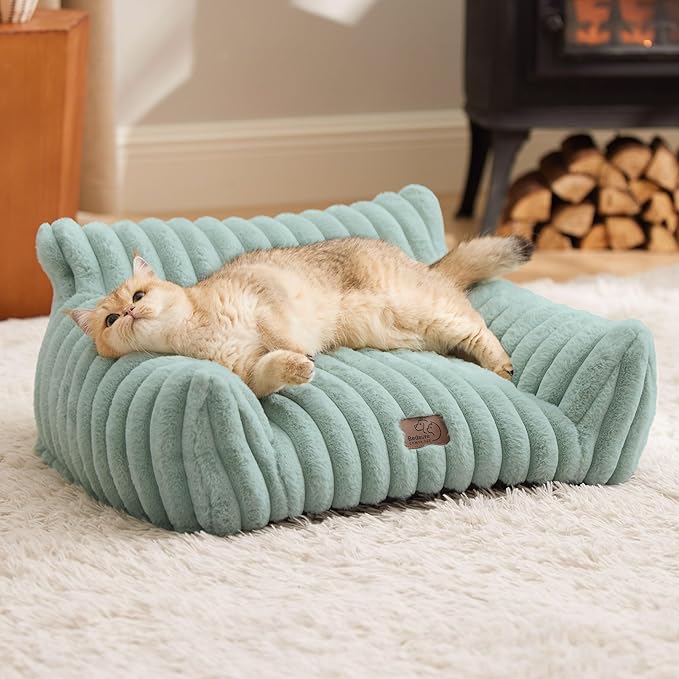 Bedsure Cute Cat Couch for Pets - Fluffy Cat Sofa with Premium Soft Corduroy Fleece, Fuzzy Pet Couch Bed with Removable Washable Cover, Supportive Pet Chair for Indoor Cats, 24inch, Garden Green-PawvioPets