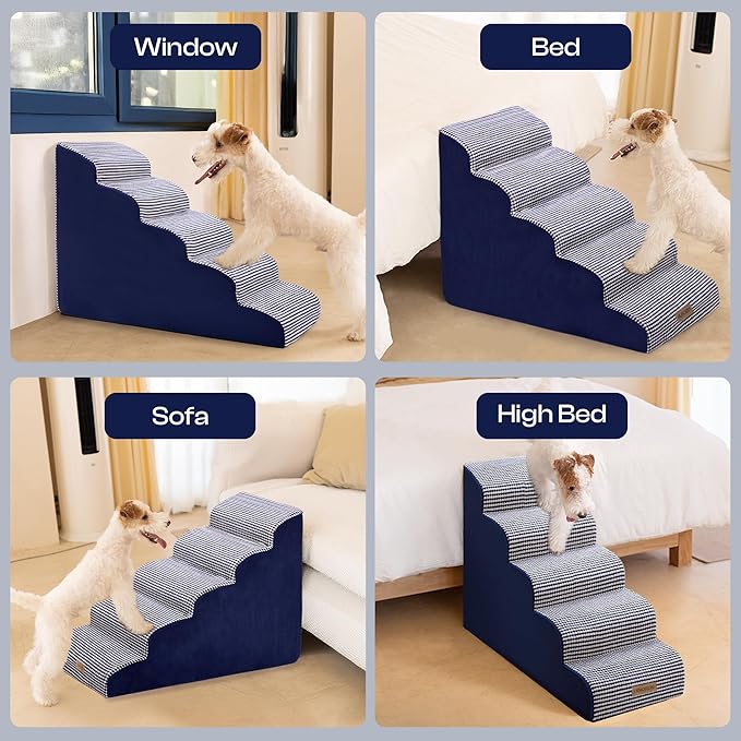 Curved Dog Stairs for High Bed Up to 26", 5-Step Dog Ramp for Small Dogs with Washable Cover, Non-Slip Steps for Cats to Get on Couch and Sofa, Durable Foam Ladder for Medium Breeds, White Navy-PawvioPets