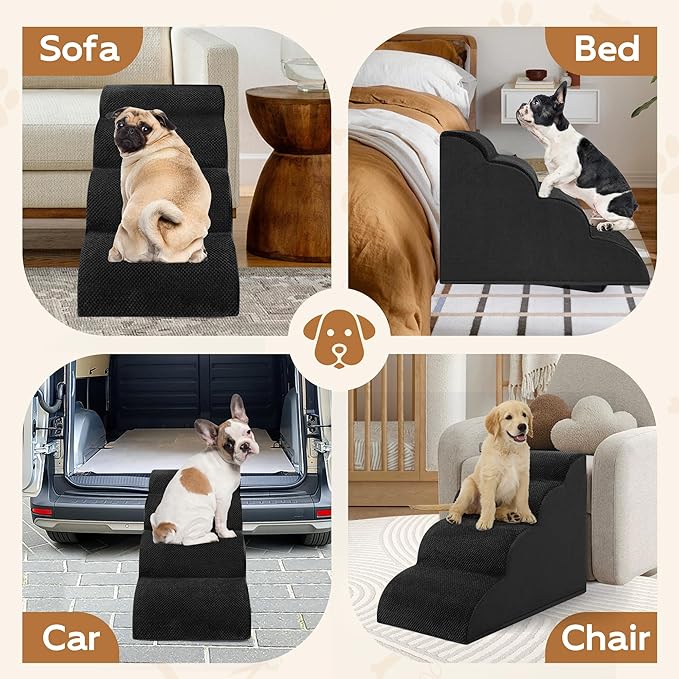 Dog Stairs, Romrol Dog Steps Ramp for High Bed and Couch, Dogs Ramp with Durable Non-Slip Waterproof Fabric Cover, Pet Stairs for Small Dogs and Cats or Pets Joints, 4-TiersBlack-PawvioPets