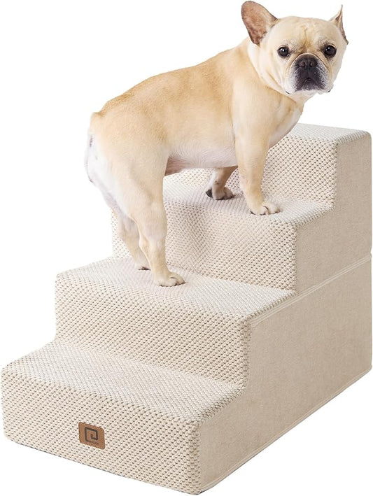 EHEYCIGA Dog Stairs for Bed 18" H, 4-Step Dog Steps for High Bed, Pet Steps for Small Dogs and Cats, Non-Slip Balanced Pet Ramp Indoor, Beige-PawvioPets