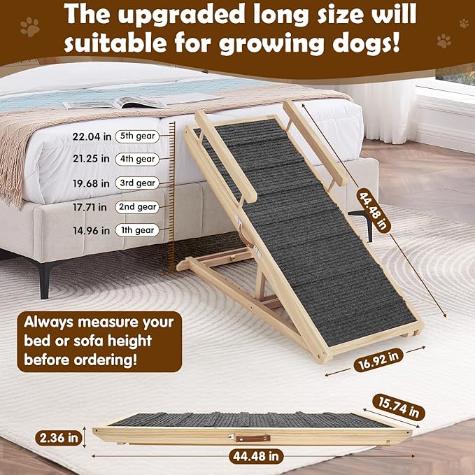 Dog Ramp for Couch, Bed or Car, Wooden 44" Long Pet Stairs for Small & Large Old Dogs & Cats, Hold up to 200lb, 5 Adjustable Height from 14.96" to 22", Portable Doggie Steps, Excellent Traction-PawvioPets