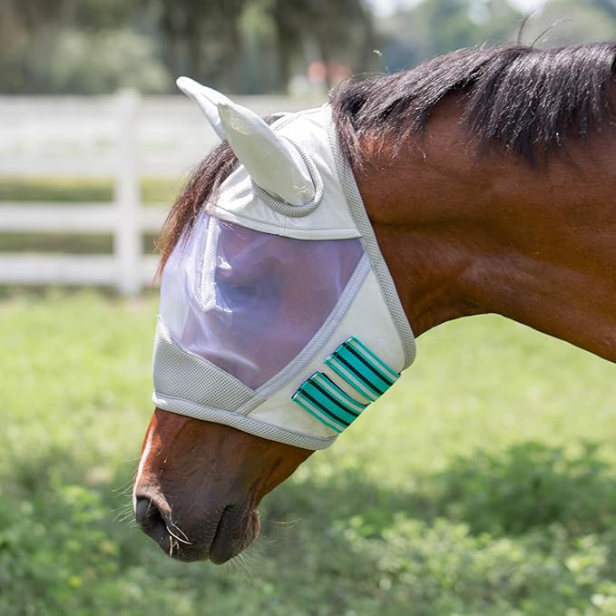 Equinavia Algard Soft Mesh Horse Fly Mask with Ear Protection and 45 UPF Rating | No Eye Irritation & UV Protection - Silver/Turquoise - Warmblood-PawvioPets