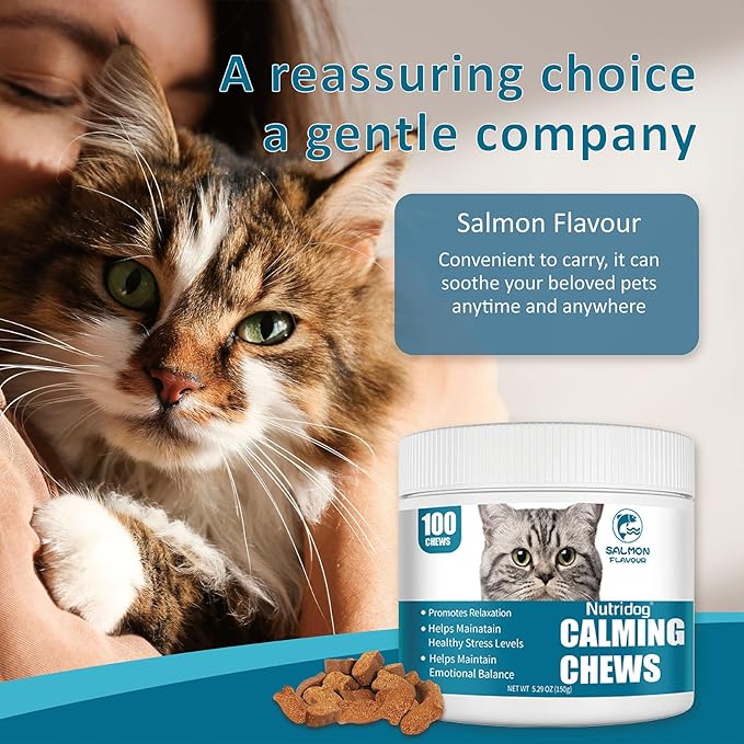 Cat Calming Treats - 100 Count Salmon Chews with Organic Chamomile & Ginger, Stress Relief Supplement for Separation Anxiety, Vet Visits & Thunderstorms (Salmon)-PawvioPets
