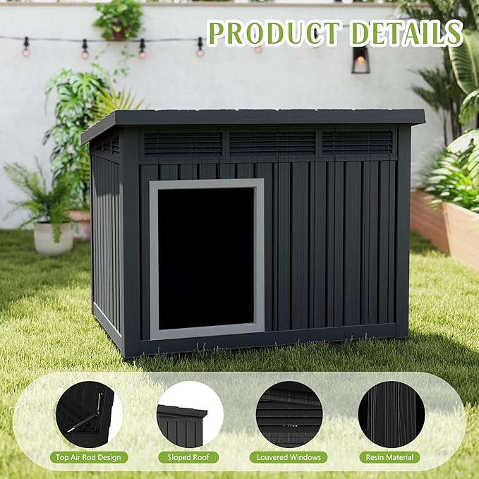Dog House Indoor Outdoor,Resin Waterproof Puppy Shelter with Air Vents and Elevated Floor,Air Rod on Top to Open,Dog Kennel for Small to Large Dogs(Black,42.87 * 32.95 * 31.61)-PawvioPets