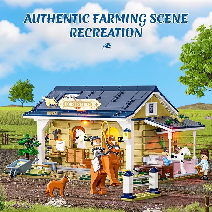 FUNWHOLE Farm Horse-Stable Lighting-Building-Bricks Set - Farm Life Horse Animals Cabin Collection LED Light Cottage Model Display Set 973 Pcs for Adults and Teen-PawvioPets