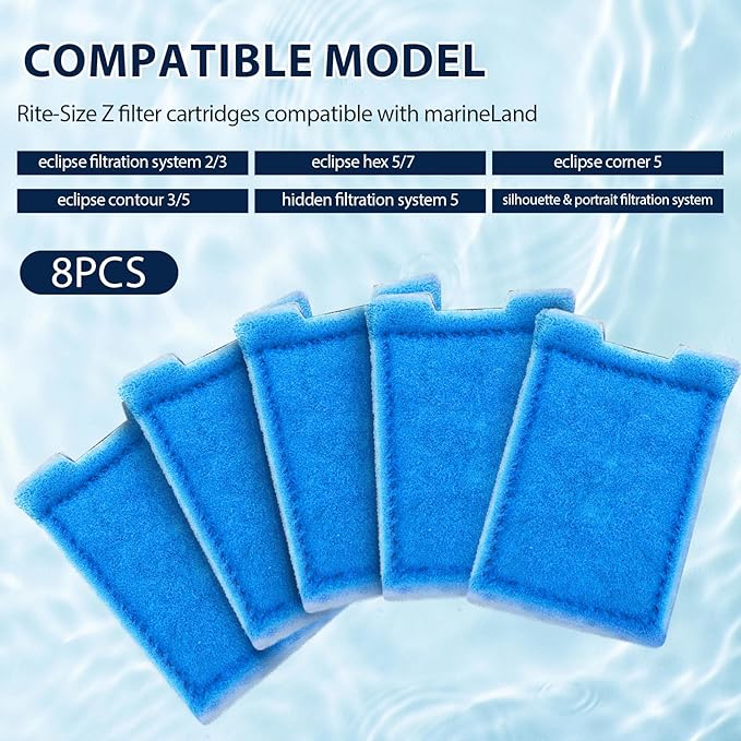 8 Pack Fish Tank Rite-Size Z Filter Cartridges Compatible with MarineLand Aquarium Eclipse Filtration Systems & Hidden Filtration System, and Fit for MarineLand Ailhouette & Portrait Filtration System-PawvioPets