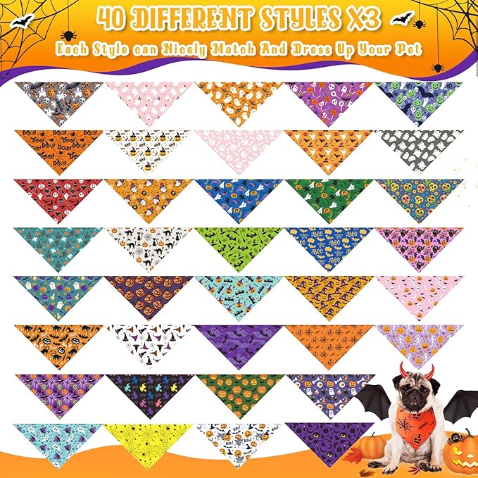 Amylove 120 Pcs Halloween Dog Bandanas Bulk Holiday Triangle Dog Pack Puppy Kerchief Bandana Adjustable Pet Scarf for Pet Cat Costume Accessories Decor(Skeleton)-PawvioPets