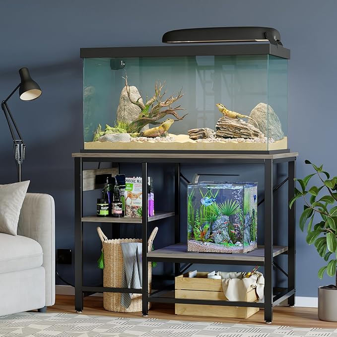 40-50 Gallon Fish Tank Stand with Charging Station, 36x19 Metal Aquarium Stand with 3-Tiers Adjustable Storage Shelves, 6-Legs Reptile Terrarium Stand, 660 LBs-PawvioPets