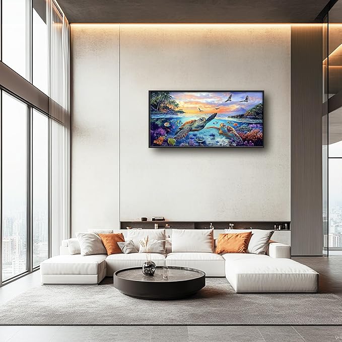 Framed Large Sea Turtle Wall Art for Living Room, Oversized Ocean Turtle Wall Decor Seascape Underwater Marine Life Canvas Painting Home Decoration for Living Room Bedroom Office 60"x30"-PawvioPets