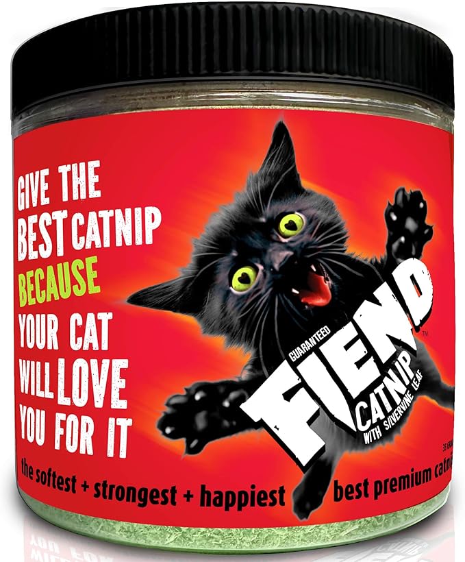 Fiend Catnip + Silvervine for Cats & Kittens Safety-Cut Premium Fine Cat Nip Blend with Vegan Silvervine + Sticker – Ultra Potent, North American – 1 Cup (34.5g) Go Ahead, Create a Monster!-PawvioPets