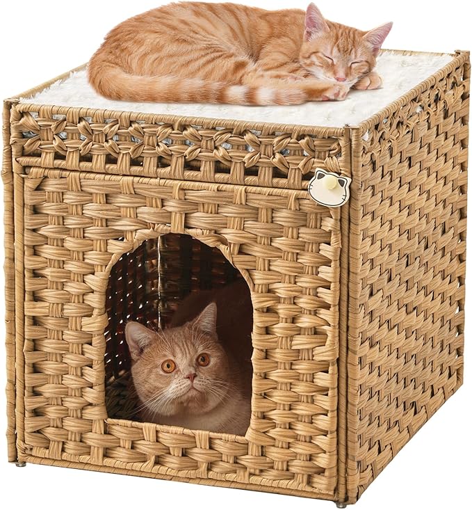 Cat Beds for Indoor Cats Extra Large Double Cat Cave Pet Cube, Handwoven Rattan Cat Houses with Double-Sided Soft Cushions, 18.5 x 20.5 x 19.1 Inches Foldable Hideaway in Living Room Natural-PawvioPets