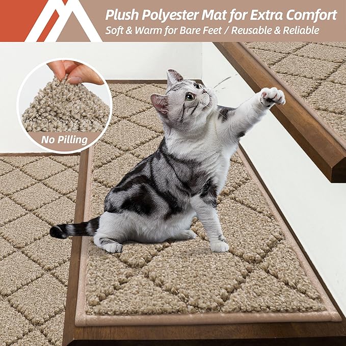 COSY HOMEER Edging Stair Treads Non-Slip Carpet Mat 28inX9in Indoor Stair Runners for Wooden Steps, Edging Stair Rugs for Kids and Dogs, 100% Polyester TPE Backing (15pc, Beige)-PawvioPets