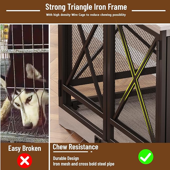 COZPAW Large Dog Crate Furniture - 48 inch Heavy Duty Dog Kennel Indoor for XLarge Breed with Double Doors, Wooden Dog Cage XL Modern Decorative End Table Pet House (Gray)-PawvioPets