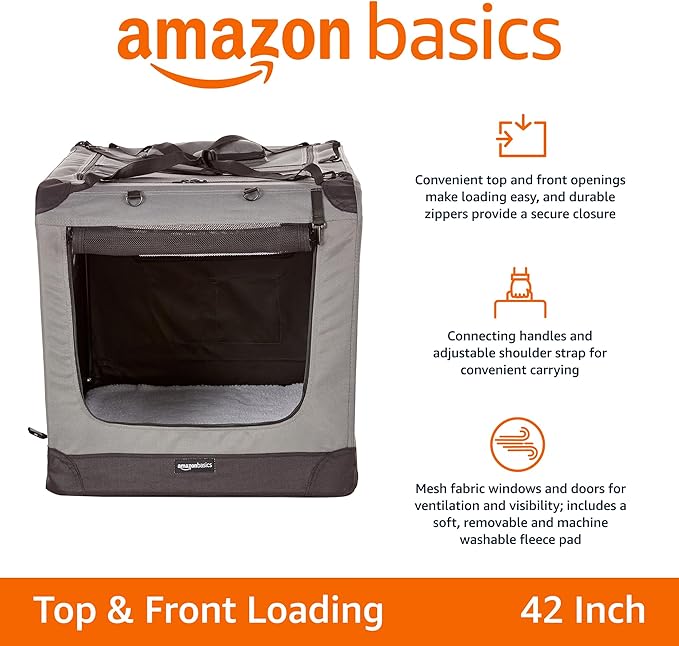 Amazon Basics Folding Portable Soft Pet Dog Crate Carrier Kennel, 42 x 31 x 31 inches, Grey-PawvioPets