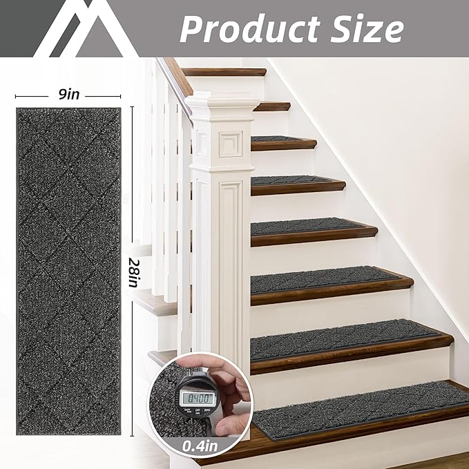 COSY HOMEER Edging Stair Treads Non-Slip Carpet Mat 28inX9in Indoor Stair Runners for Wooden Steps, Edging Stair Rugs for Kids and Dogs, 100% Polyester TPE Backing (4pc, Black)-PawvioPets
