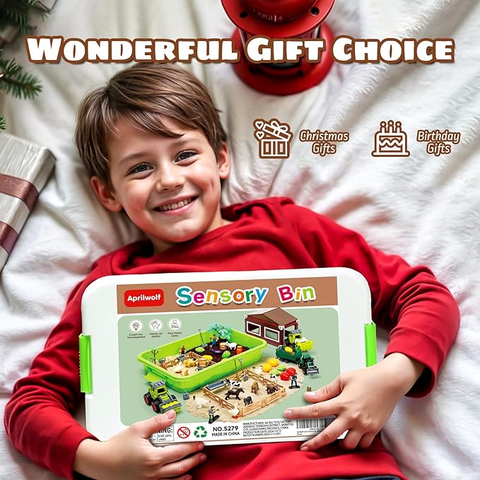 69 PCS Farm Sensory Bin Toys Playset, Sandboxes with Sand, Farmer Tractor & Farm Animals Figures Toys for Kids 3 4 5, Gifts for 6 7 Years Old Boys Girls Toddlers-PawvioPets