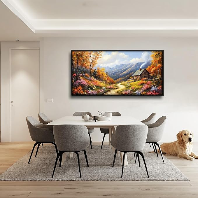 Framed Large Autumn Mountain Wall Art for Living Room, Oversized Wildflower Tree Wall Decor Nature Landscape Canvas Painting Modern Artwork Home Decoration for Living Room Bedroom 60"x30"-PawvioPets