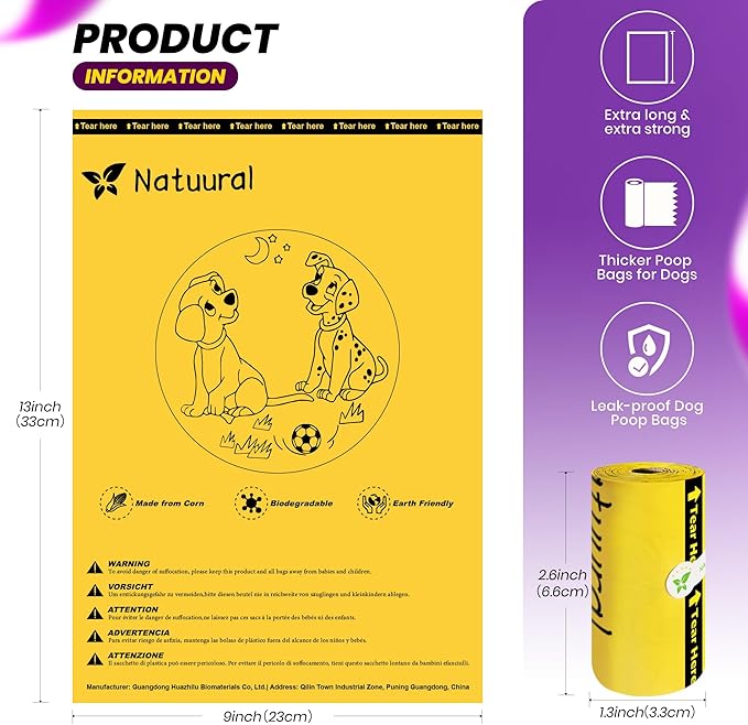 Dog Poop Bags-150 Counts with Holder (10 Rolls), Biodegradable Poop Bags, Eco-friendly and Easy to Open, Thick Dog Waste Bags (Yellow)-PawvioPets