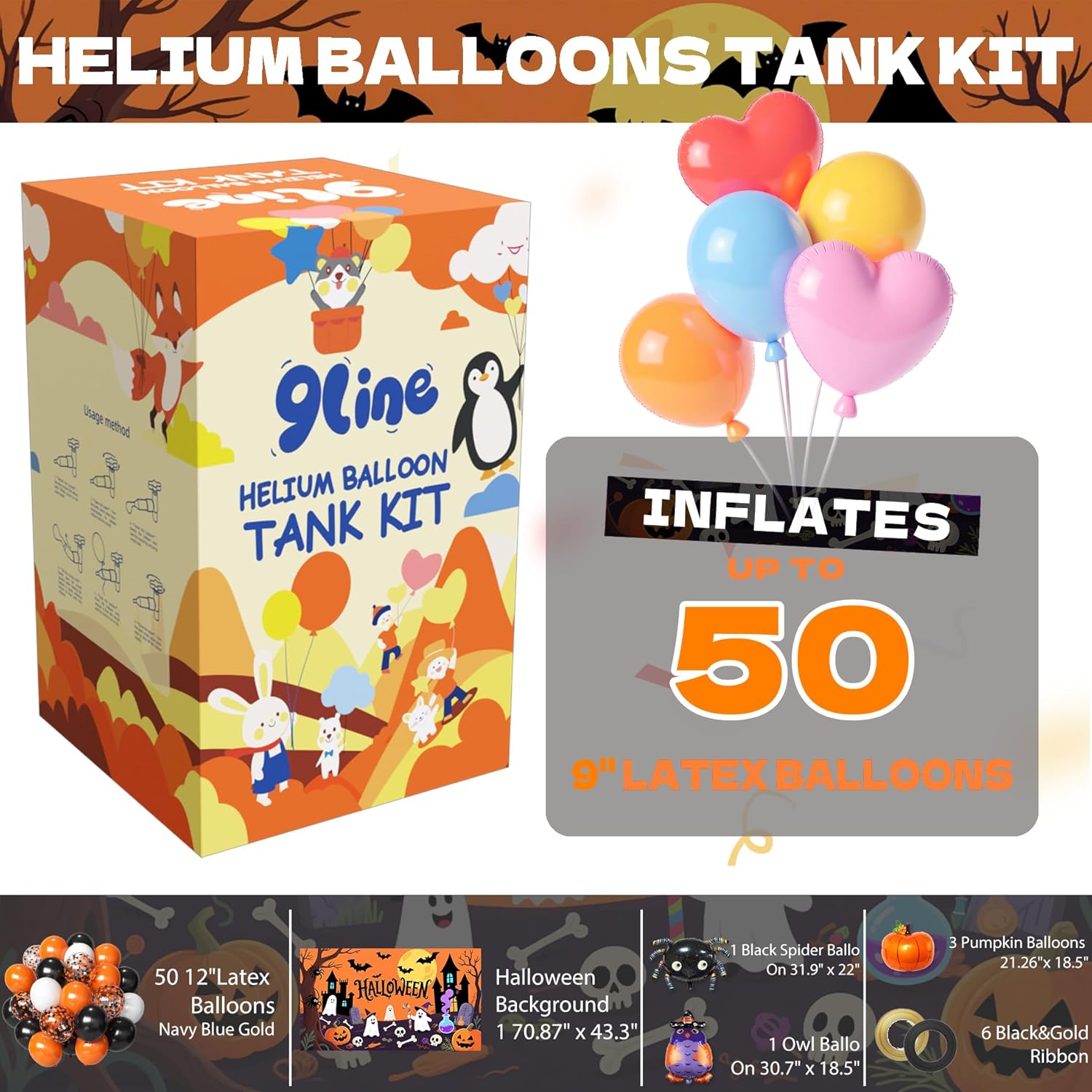 13L Helium Tank Up To 50 Latex Balloons,Helium Tank For Balloons At Home,50 12-Inch Orange&Black Latex Balloons, 5 Foil Balloons, 1Halloween 5.9X3.6Ft Backdrop, 8 Accessory Tools
